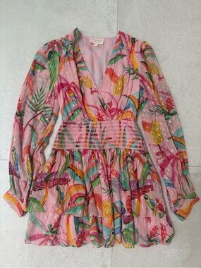 Rococo Sand Pink Tropical V-Neck Mini Dress